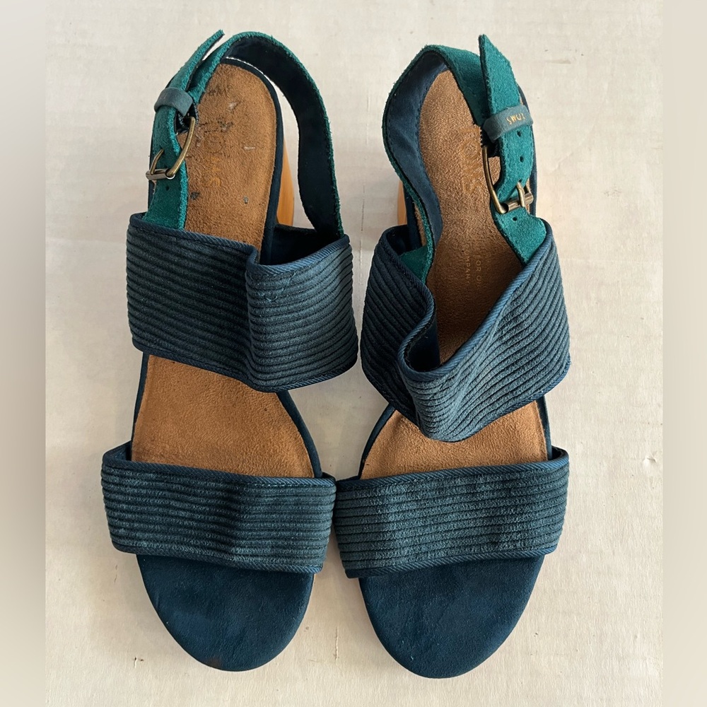 TOMS Women’s Poppy Sandal Atlantic Corduroy green blue wood heel size 7 - Picture 2 of 10